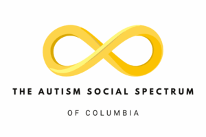 The autism social spectrum of columbia logo of a yellow infinity sign.